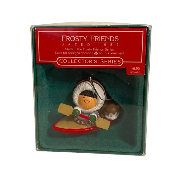 Hallmark Frosty Friends 1985 Eskimo & Dog Paddling Kayak Christmas Ornament - Picture 1 of 7